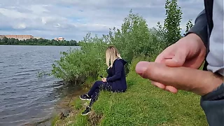 The exhibitionist man saw a lonely girl in nature and took out his dick in front of her and began to masturbate the dick in front unfamiliar beauty, he risks scaring her, but she likes to look handy a big male dick and wants to see his cumshot