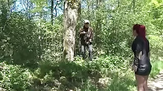 Hot redhead ass fucks old man in bushes